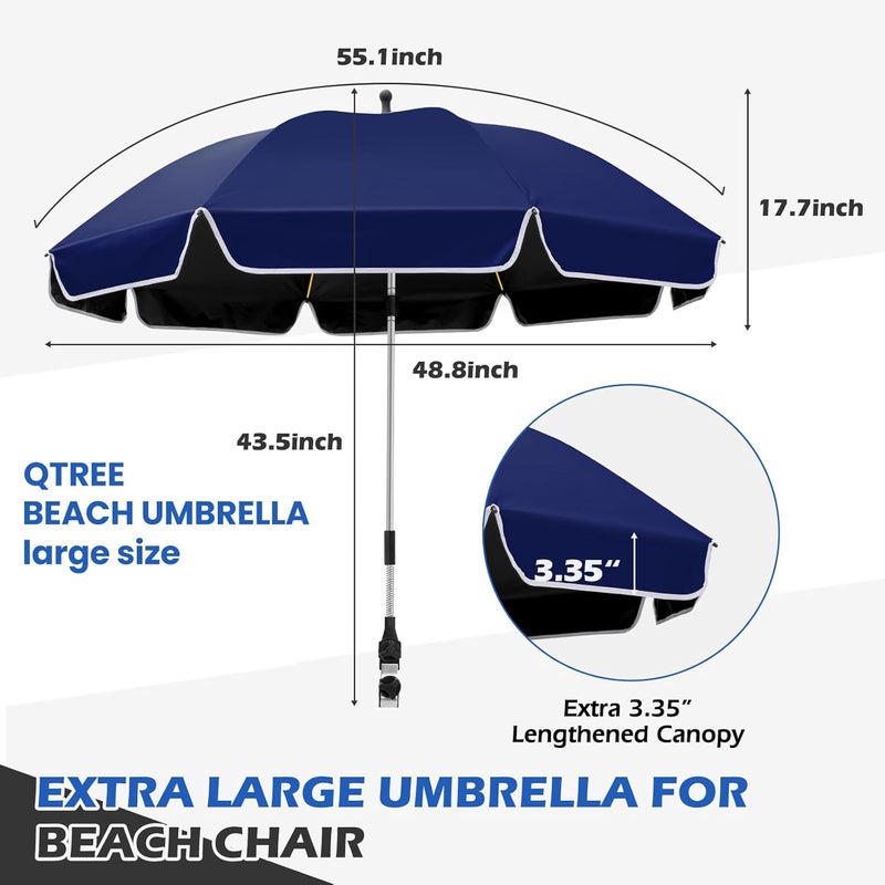 QTREE intelligence 48.8 inch Beach Umbrella with Clamp Sun Shade for Beach Chair, 360°Adjustable UV Protection Golf Umbrella with Clip for Outdoor Stroller Wheelchair Camping Chair（ink blue） - Image 4
